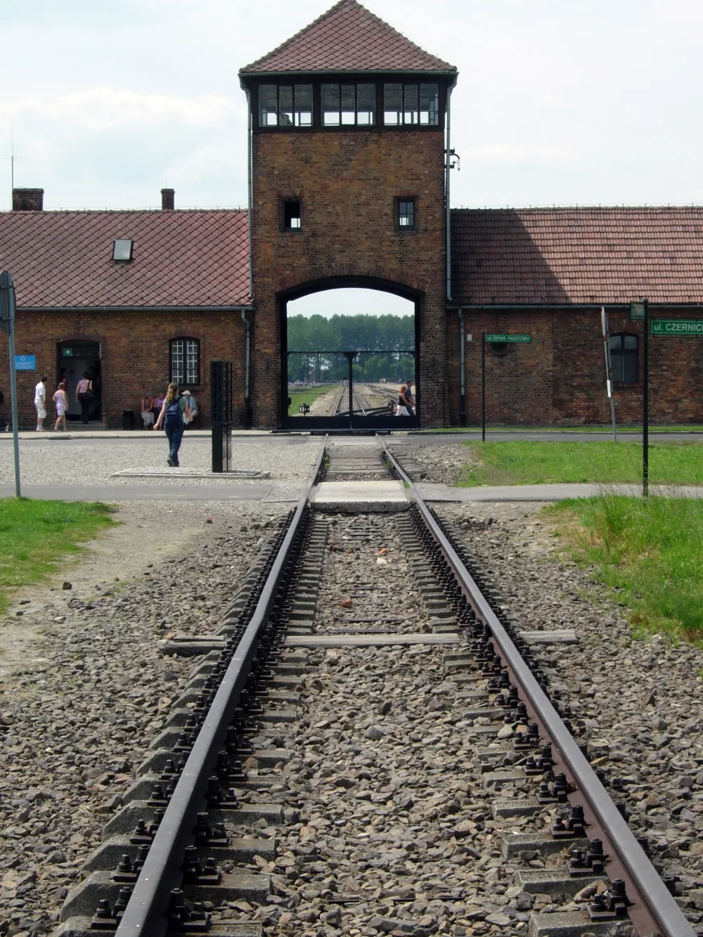The gatehouse of Auschwitz II-Birkenau and the tracks that led through it