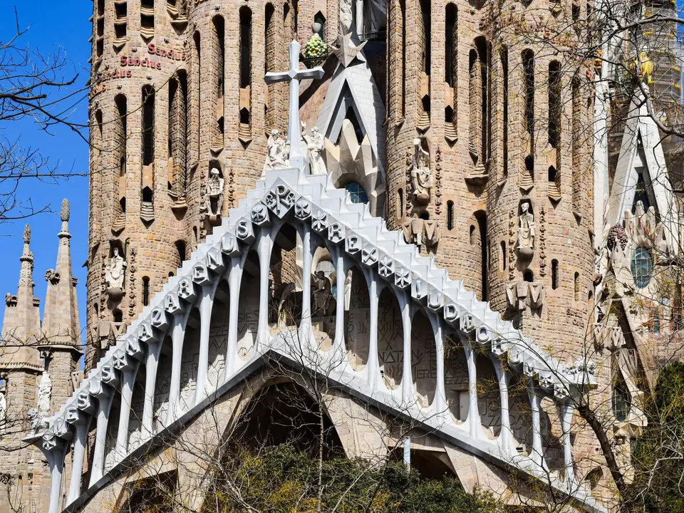 Close-up of the Sagrada Familia's intricate facade showcasing Gothic architecture in Barcelona