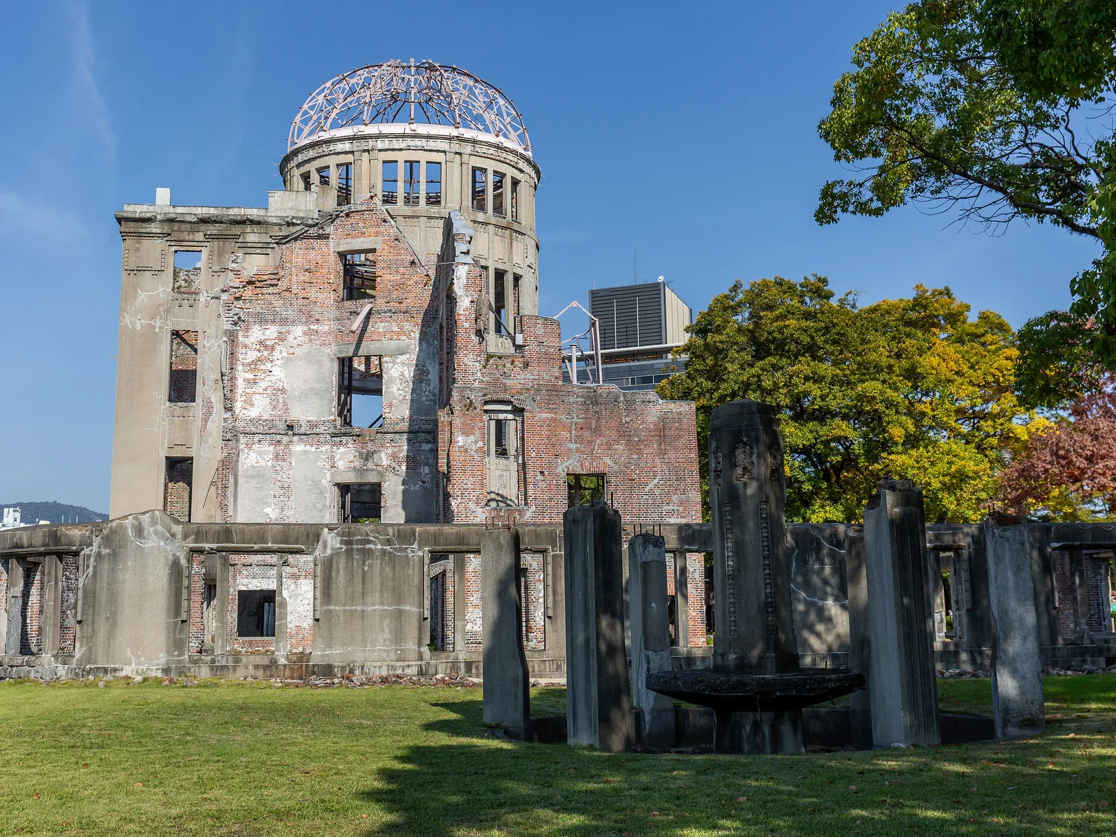 The Hiroshima Peace Memorial, also known as the Atomic Bomb Dome, in Hiroshima Peace Memorial Park. The building was located near the hypocenter of the atomic b