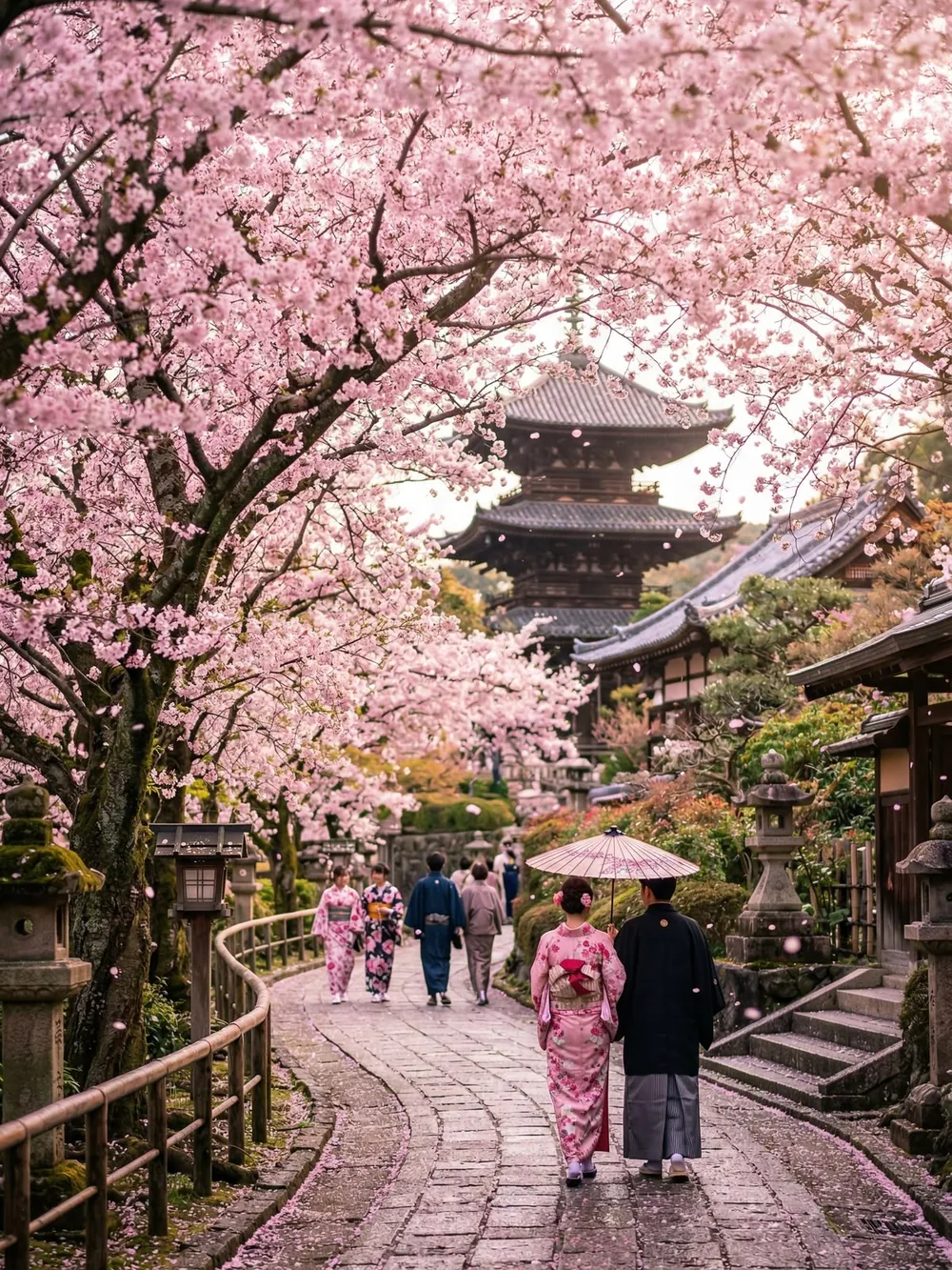 Cherry blossoms over a stone path to a pagoda in Kyoto
