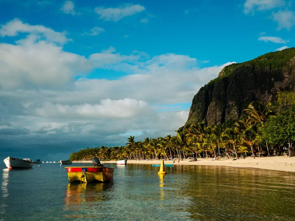 Serene beach scene with palm trees and boats at Le Morne, Mauritius during a sunny day