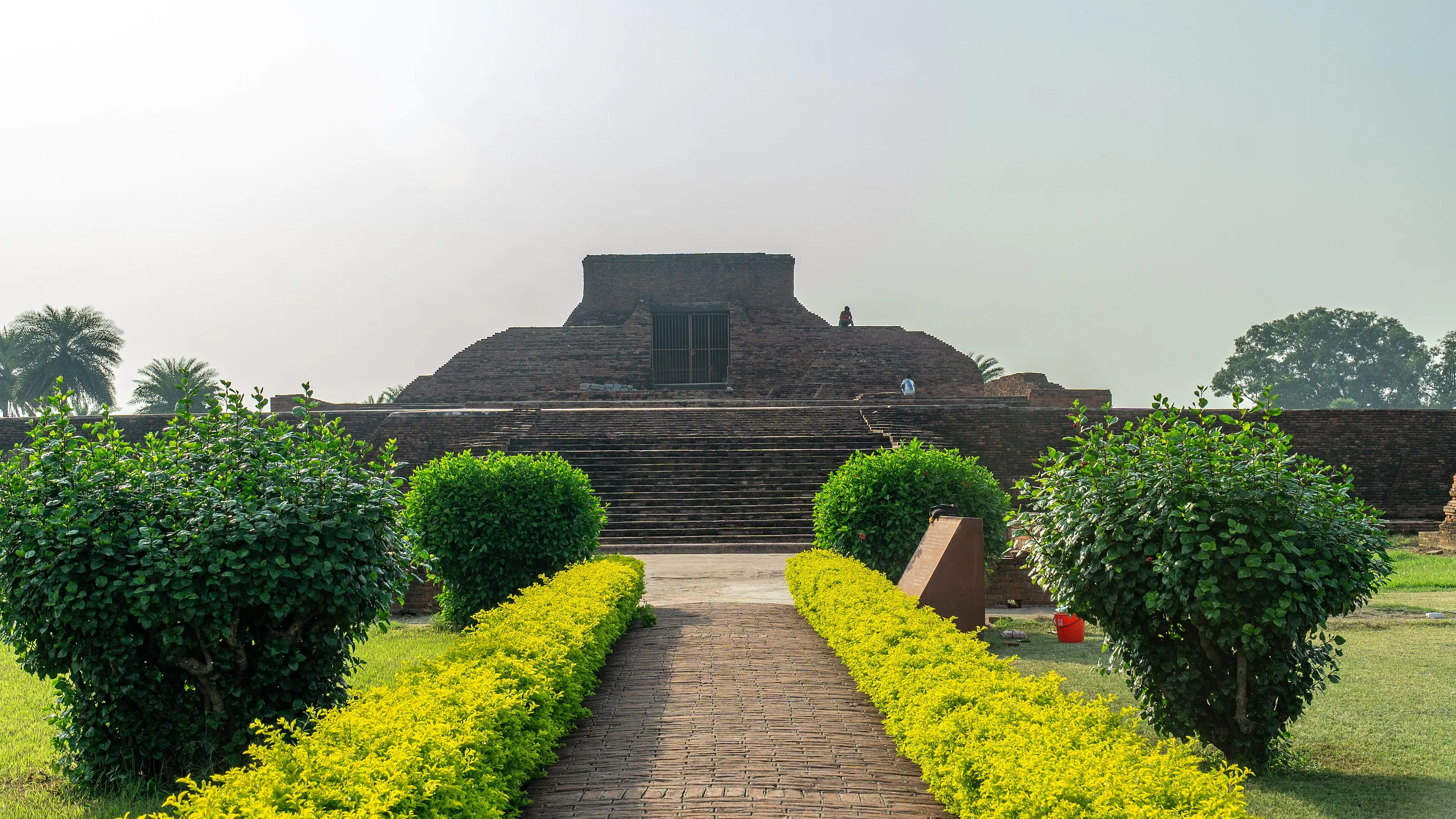 A hedge-lined path leading to the ruined Sariputta stupa at Nalanda Mahavihara