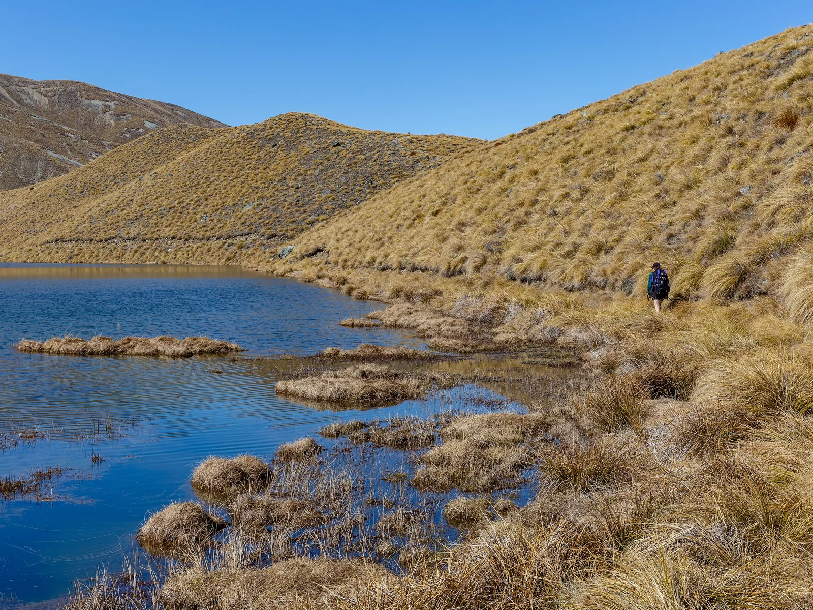 A tramper by Mystery Lake, Canterbury, New Zealand
