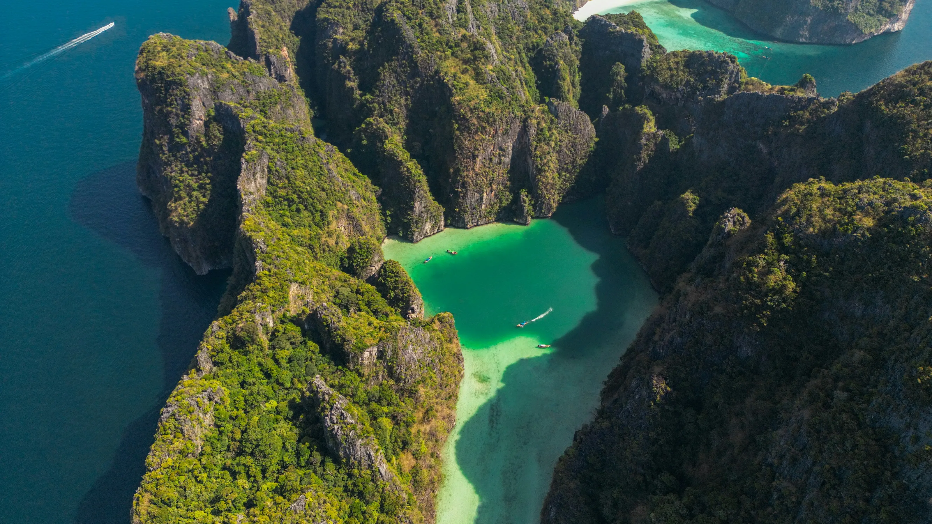 Maya Bay and the Phi Phi cliffs from the air